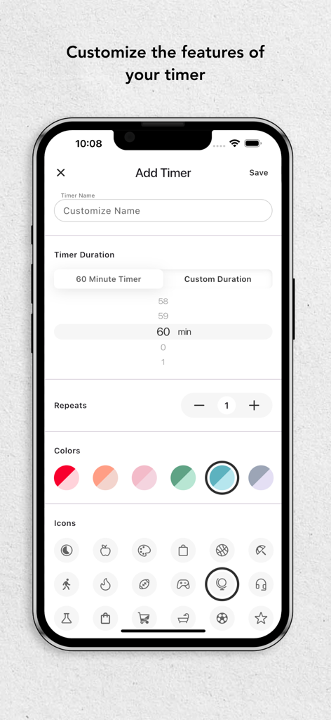 Time Timer - Schermata di personalizzazione nell'app Time Timer per impostare durata, ripetizioni, colori e icone delle attività.