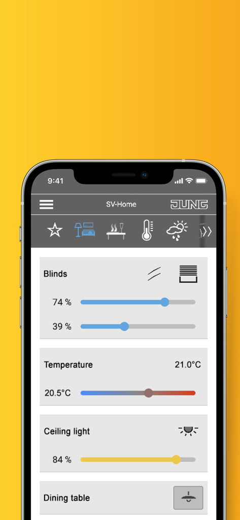 Smart Visu Server - ブラインド、温度、照明のスライダーが付いたJUNG Smart Visu Serverアプリのインターフェース