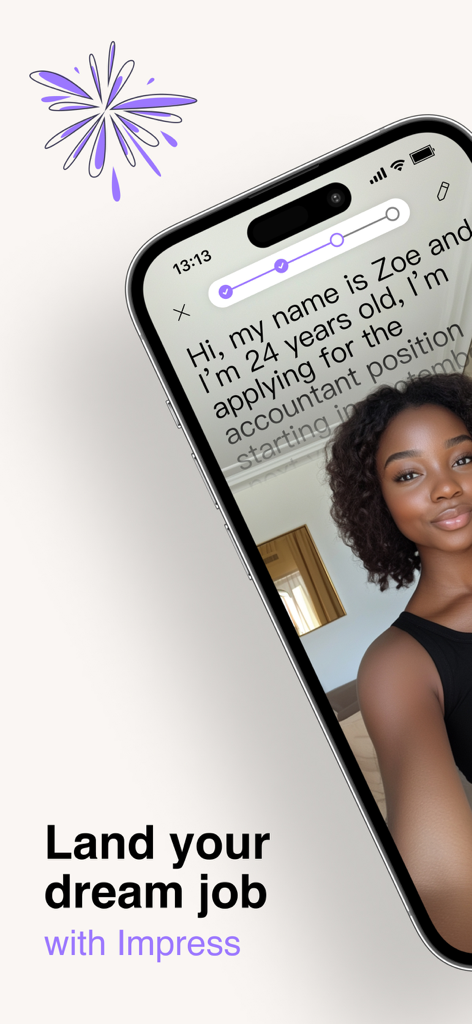 A young woman recording a video job application for an accountant position on the Impress app.