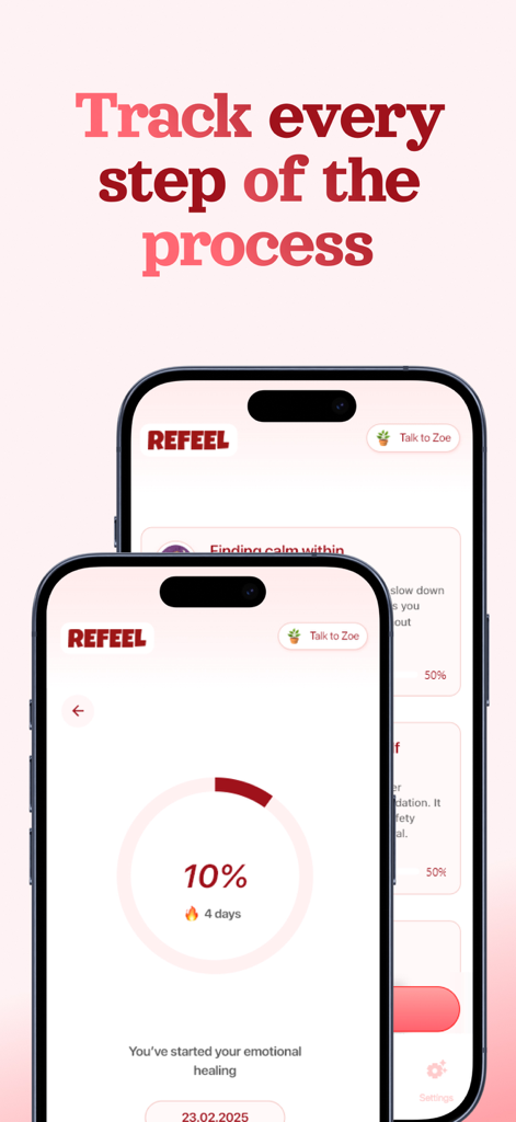 Refeel – Get Over Your Ex - Interface do aplicativo Refeel mostrando dez por cento de progresso de cura emocional e uma sequência de quatro dias