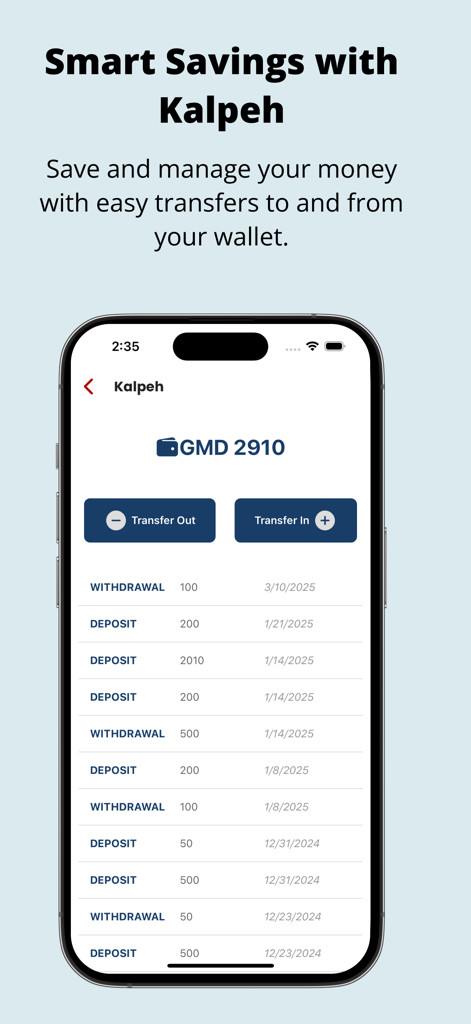 Interfaz de la aplicación MSJ Wallet que muestra la sub-billetera de ahorros Kalpeh con el saldo y el historial de transacciones.