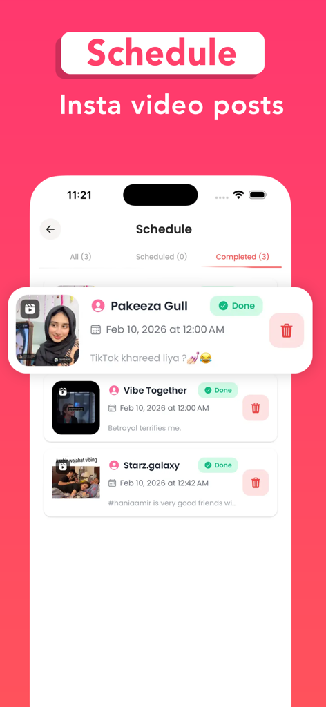 InSave : Video, Story Saver - Interface of the InSave app showing a list of scheduled and completed Instagram video posts