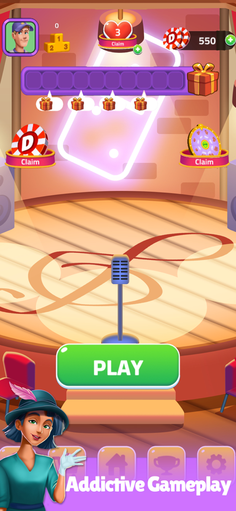 La pantalla principal de Dominoes Infinite con un gran botón de jugar, un personaje del juego y recompensas diarias en un fondo de escenario.