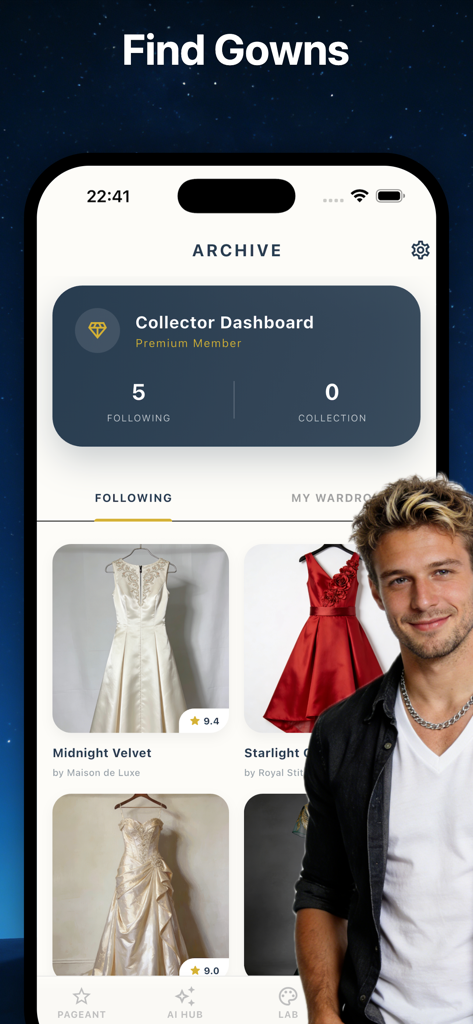 Myrid：Soul Style&Chat - Une interface d'application mobile intitulée Archive montrant un tableau de bord de collectionneur et une galerie de robes de soirée haut de gamme comme Midnight Velvet et Starlight.