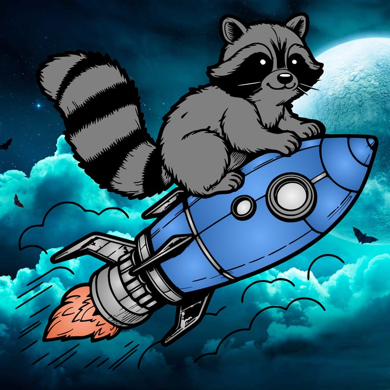 realistic raccoon flying on top rocket ship