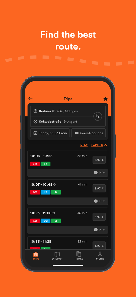 VVS Mobil App Fahrplanauskunft Bildschirm mit öffentlichen Nahverkehrsrouten und Preisen in Stuttgart