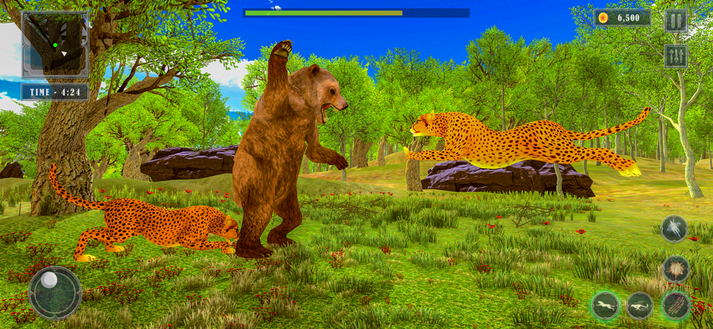 Wild Cheetah Simulator 3D - Zwei Geparden und ein Braunbär in einer üppigen 3D-Waldumgebung.