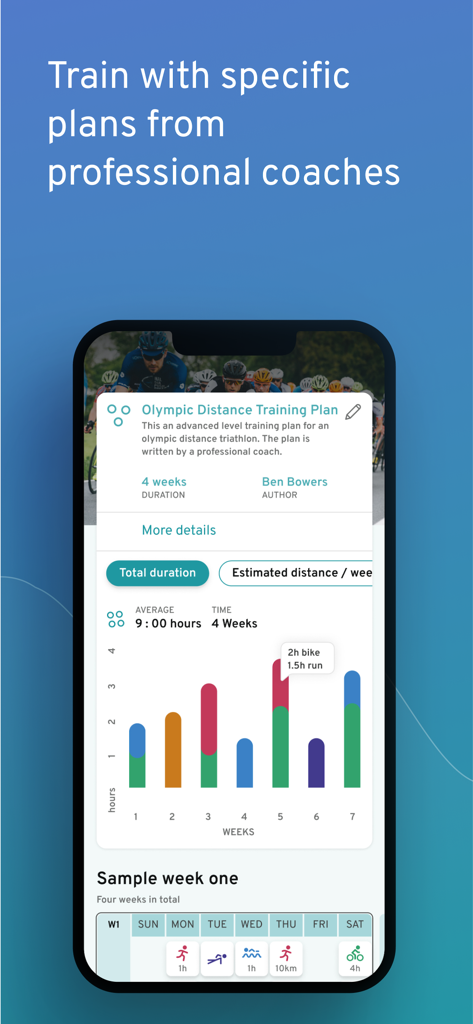 MATS - Training Platform - Interfaz de la aplicación MATS que muestra un plan de entrenamiento de distancia olímpica con un gráfico de progreso semanal e iconos de entrenamiento