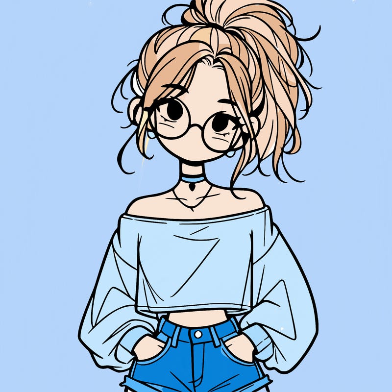 girl with a messy ponytail glasses a baggy crop top and jean shorts