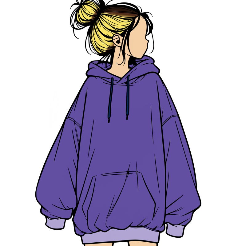 realistic girl with a oversized sweatshirt on and a bun