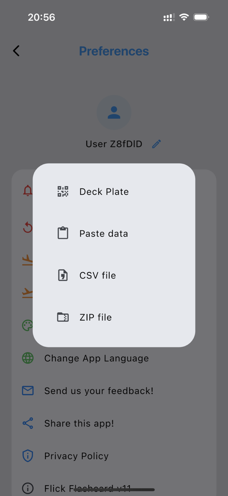 Menu de importação nas configurações do aplicativo Flick Flashcard mostrando opções para arquivos CSV e ZIP.