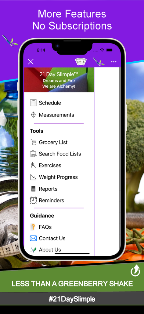 Pantalla del iPhone que muestra el menú de navegación de la aplicación 21 Day Slimple con opciones de rastreo de fitness y nutrición.