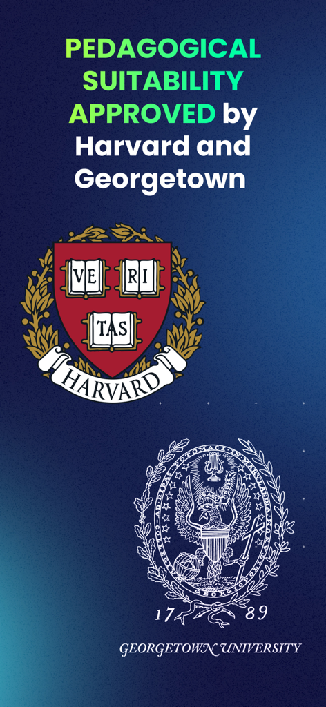 Kids Sleep & Healing Tales - Logotipos de aprobación de idoneidad pedagógica de la Universidad de Harvard y Georgetown para la aplicación Harmonia Kids.