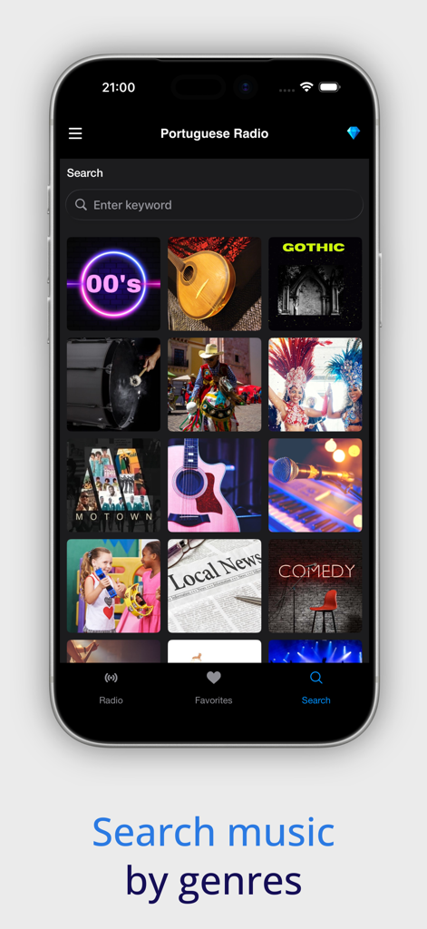 Portuguese Radio Online - Search music by genres screen in Portuguese Radio Online app showing various category tiles.