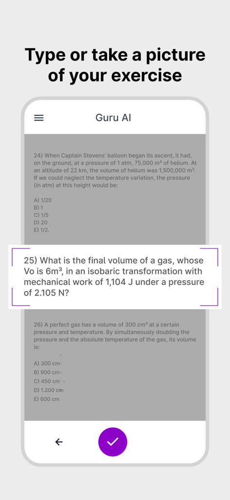 Guru AI: Study App - Guru AI App-Oberfläche zeigt eine Physikfrage, die gescannt wird, um eine Schritt-für-Schritt-Lösung zu liefern