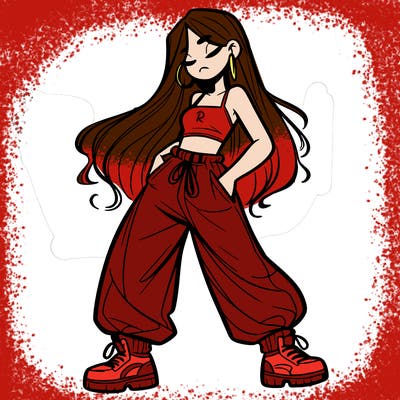 girl in baggy pants crop top and long hair