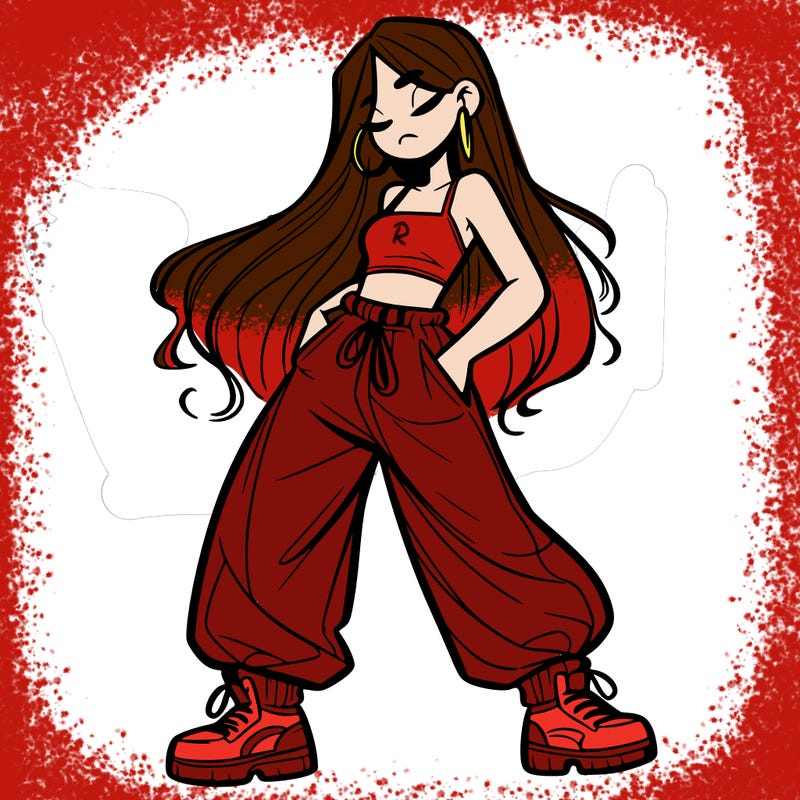 girl in baggy pants crop top and long hair