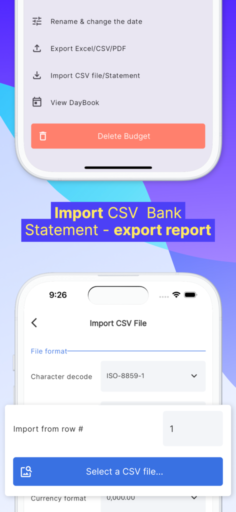 Interface de l'application iSaveMoneyGo montrant les options d'importation et d'exportation de relevés bancaires CSV.
