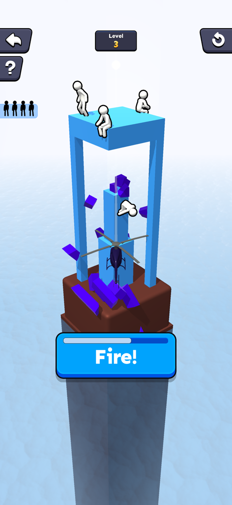 A 3D action mini-game called Helicopter Destroy where a helicopter attacks a blue structure with stick figures.