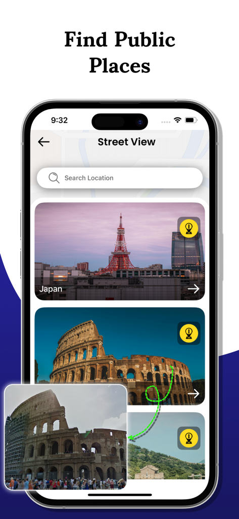 Live Earth Maps 3D GPS View - Schermata dello smartphone che mostra la funzione di vista stradale con immagini della Torre di Tokyo e del Colosseo