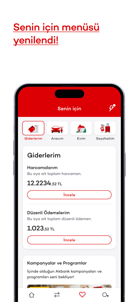개인별 맞춤 메뉴 및 지출 추적 요약을 보여주는 Akbank 모바일 앱 화면