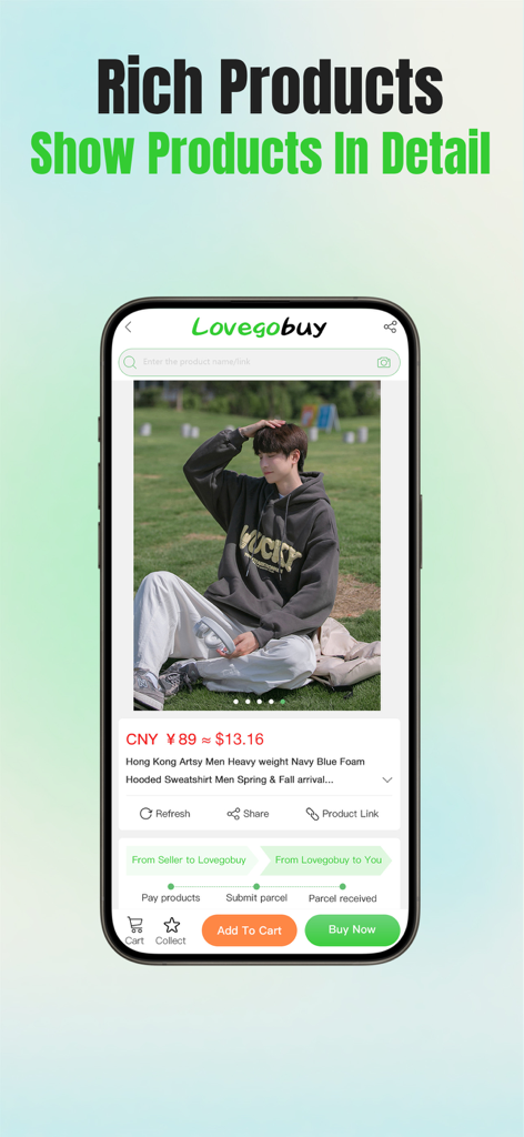 Screenshot of the Lovegobuy app interface showing a product detail page for a navy blue streetwear hoodie with price conversion and order progress tracking.