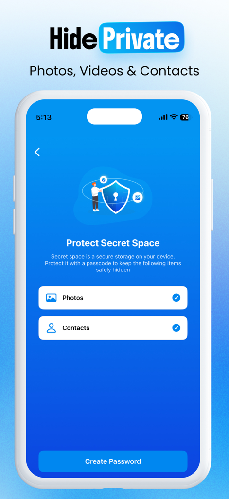Storage Clean Up - CleanPro - Interfaz de la aplicación CleanPro para proteger fotos y contactos privados en un espacio seguro.