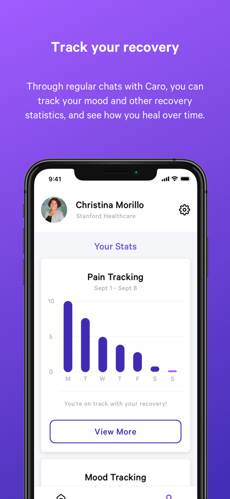 Caro Health - Caro Health mobile app interface displaying a pain tracking bar chart and patient recovery statistics