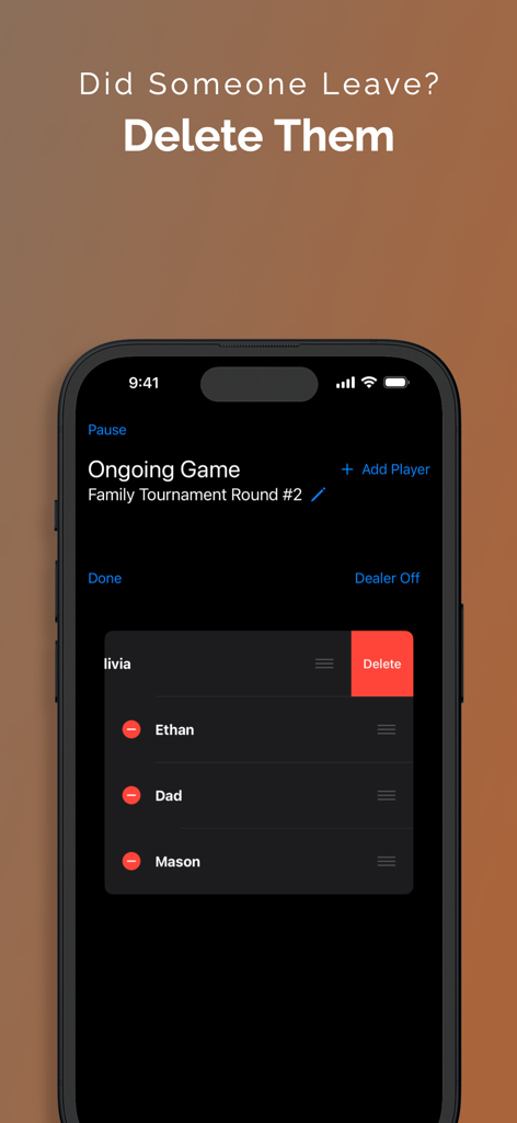Crowns Score Keeper - クラウンズ スコアキーパーアプリのインターフェース。進行中のゲームセッションからプレイヤーを削除する方法を示しています。