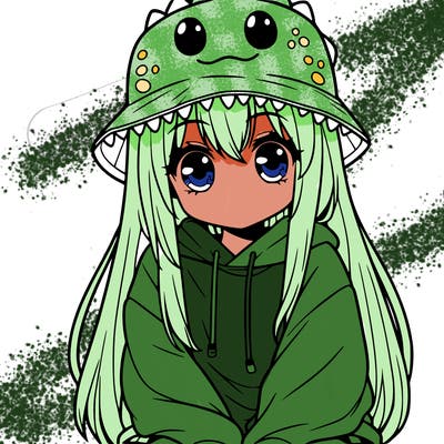 girl with anime shaped eyes with a dinosaur bucket hat oversized sweatshirt long straight hair