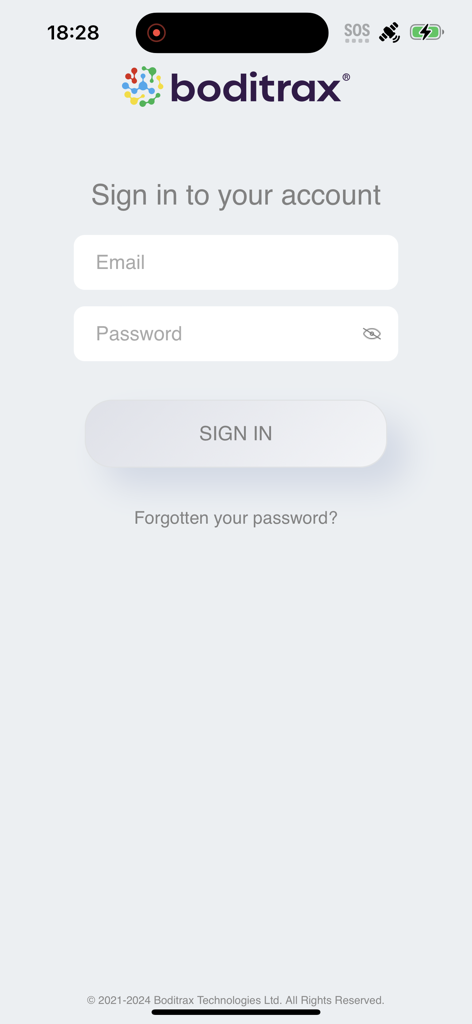 Login screen of the Boditrax 2.0 app with fields for email and password