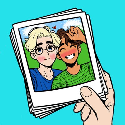 realistic, best friends taking a polaroid picture