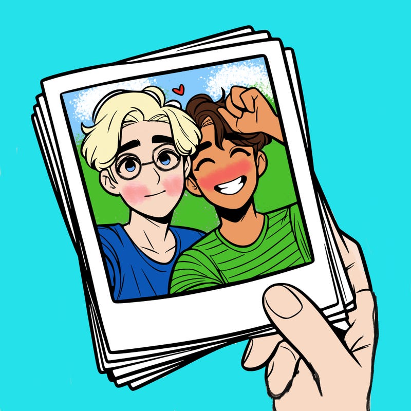 realistic, best friends taking a polaroid picture