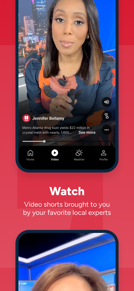 11Alive Atlanta news app interface displaying mobile-first video shorts with a local news anchor