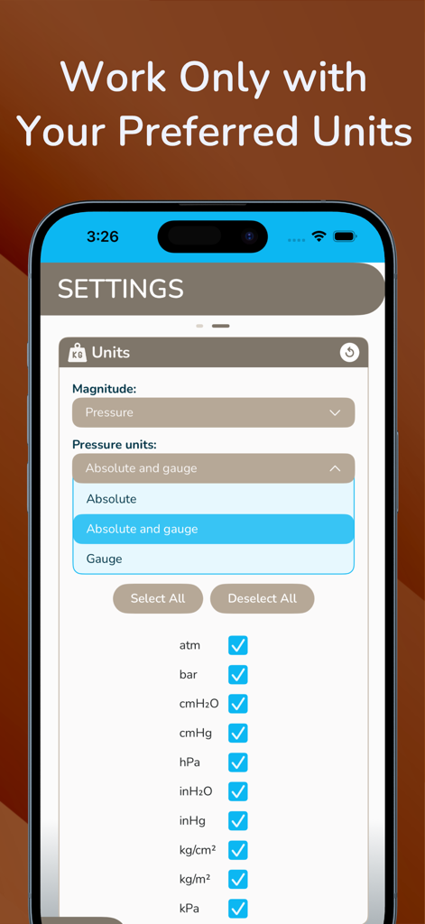 Gas Laws by CA - Pantalla de configuración de la aplicación Leyes de los Gases de CA que muestra la configuración de unidades para la magnitud de la presión con varias unidades como atm, bar y kPa