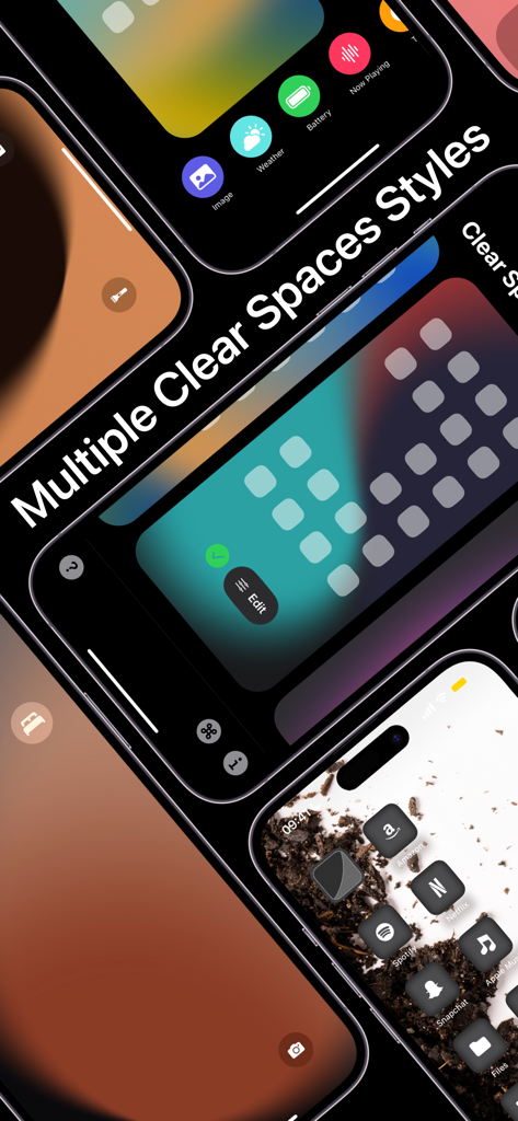 Clear Spaces app interface showing multiple custom home screen styles and transparent widget options for aesthetic customization