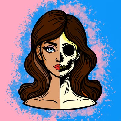 bust of a woman, half face and hair, half skull