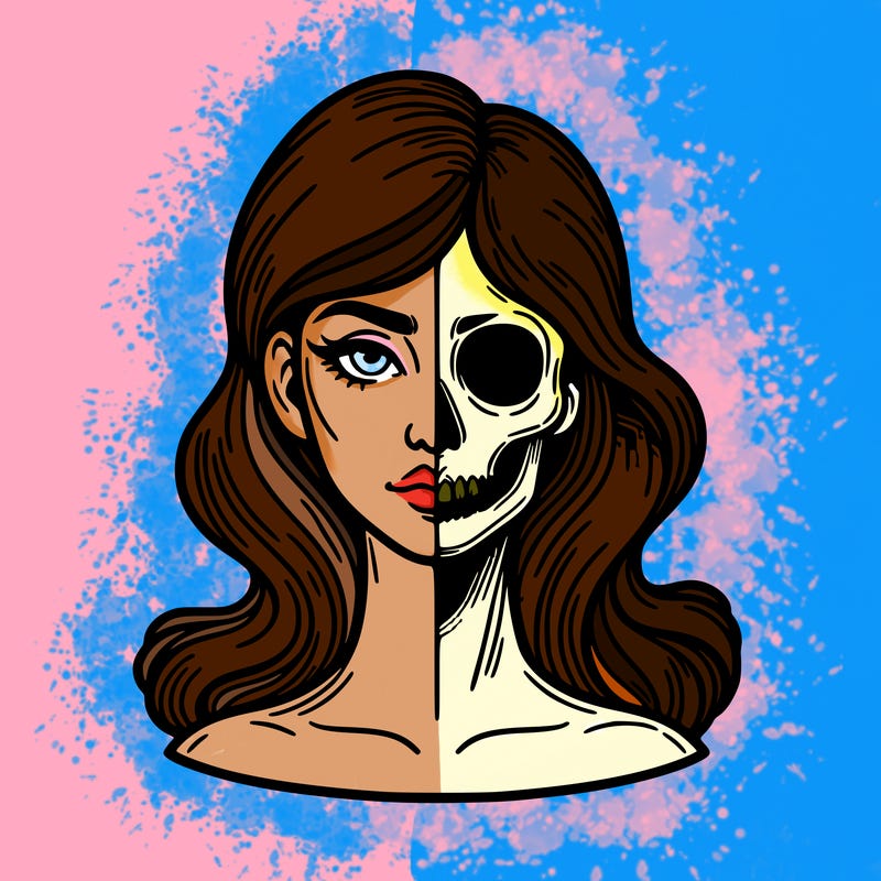 bust of a woman, half face and hair, half skull