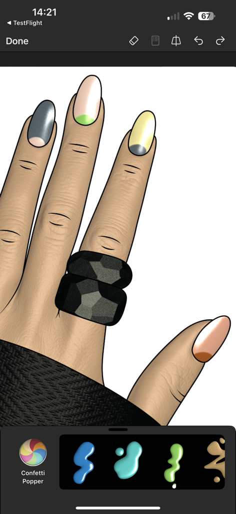 Prêt à Makeup - Modelo de mão digital com várias cores e designs de esmalte no aplicativo Pret-a-Makeup