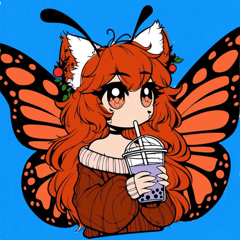 a realistic butterfly/furry girl drinking boba