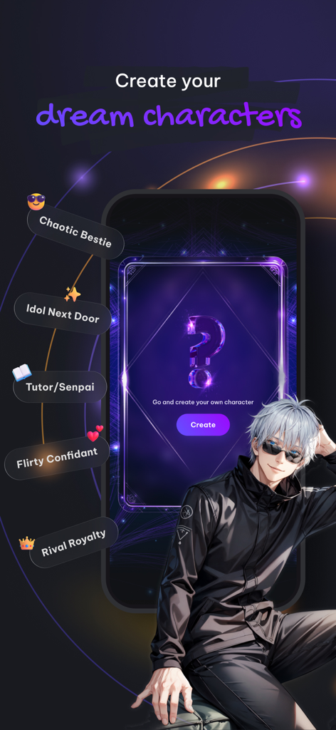 Lumi AI: Character AI Chat - Uma interface de aplicativo para Lumi AI mostrando opções para criar personagens de anime personalizados como Chaotic Bestie e Flirty Confidant.