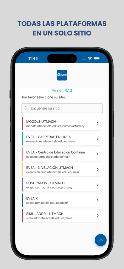 EVEA UTMACH - EVEA UTMACH mobile app screen showing a list of academic platforms and Moodle sites for students