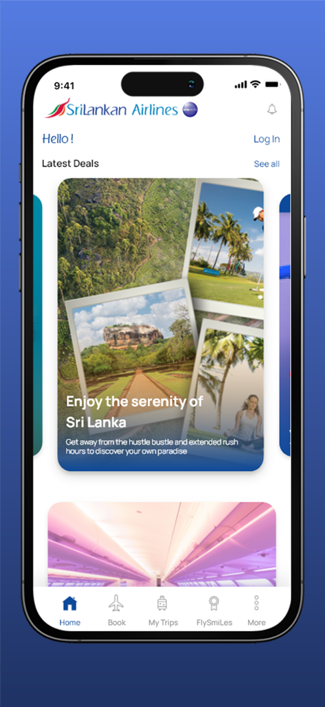 스리랑카 항공 모바일 앱 홈 화면. 최신 항공권 특가 및 여행 영감이 표시됩니다.
