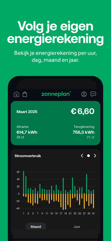 Zonneplan | Energie - Painel do aplicativo Zonneplan mostrando visão geral do consumo e custo de energia