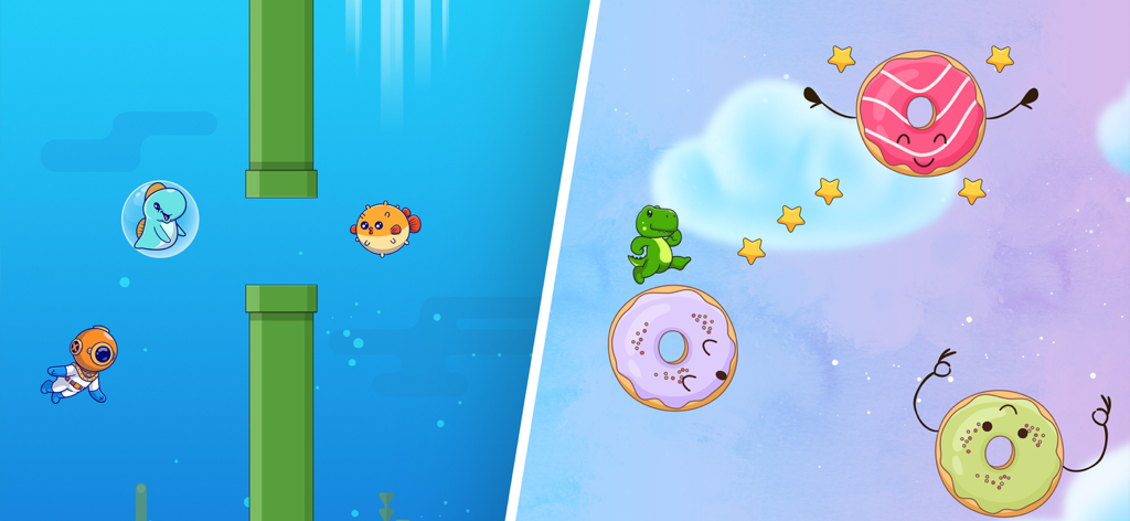 Dinosaurios de dibujos animados en minijuegos submarinos y con temática de donuts para niños