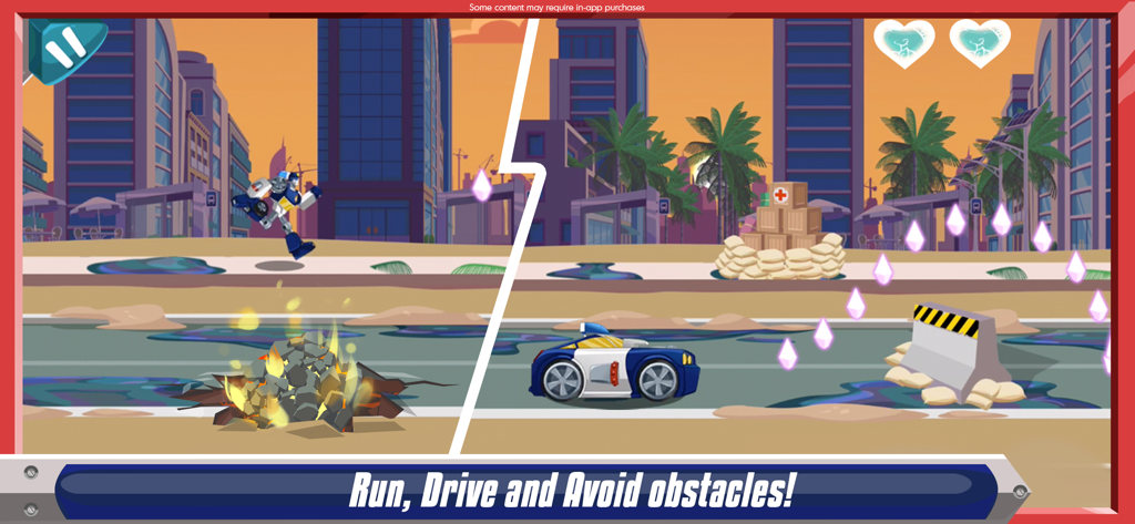 Transformers Rescue Bots: Dash - Gameplay of Transformers Rescue Bots Dash showing a character in both robot and vehicle modes.