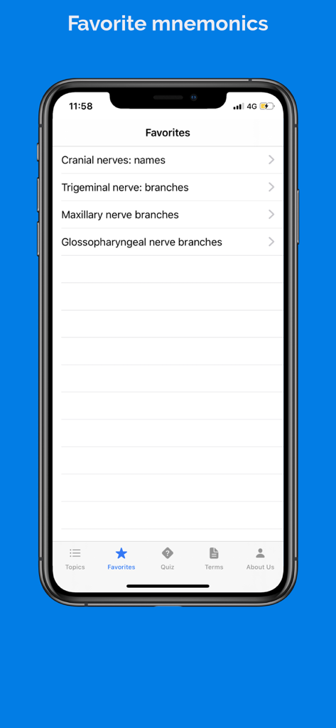 Anatnomics: Anatomy mnemonics - Screenshot of the Anatnomics app Favorites screen showing a list of saved anatomy mnemonics for cranial and nerve branches.