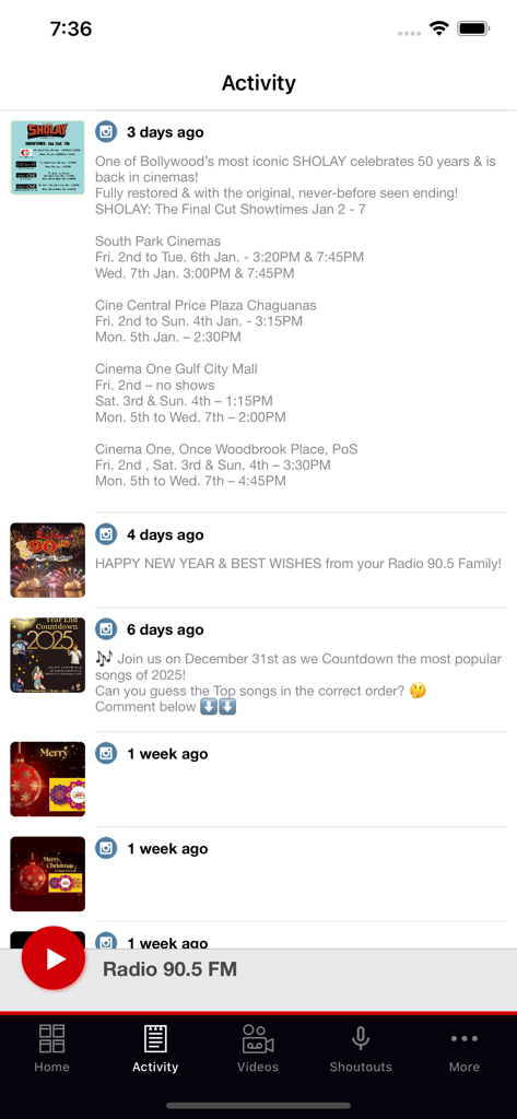La pantalla de actividad de la aplicación Radio 90.5 FM mostrando actualizaciones sociales y eventos comunitarios.