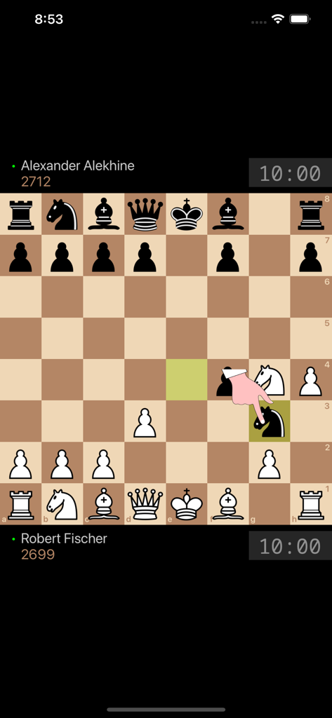 Partida de ajedrez histórica entre Alexander Alekhine y Robert Fischer en la aplicación Lite lichess