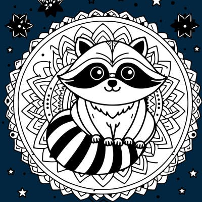 a mandala raccoon with a mandala moon and stars in the background